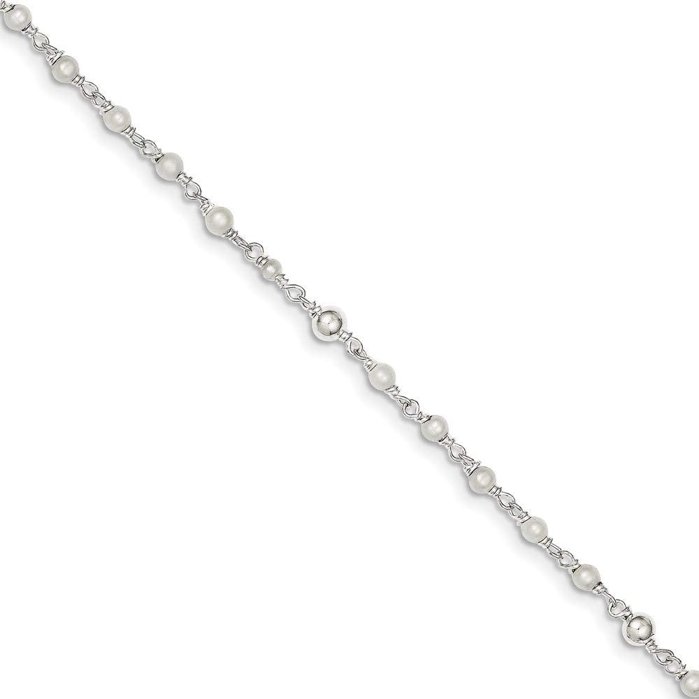 Sterling Silver Polished 9in Plus 1in ext FWC Pearl and Heart Anklet
