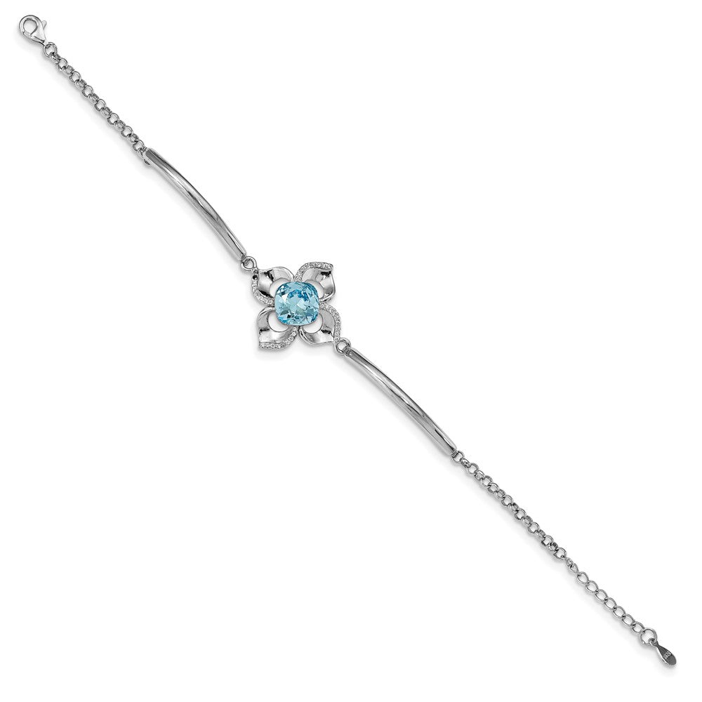 Sterling Silver RH-plated Clear/Blue Crystal Flower w/1in ext Bracelet 7 inches