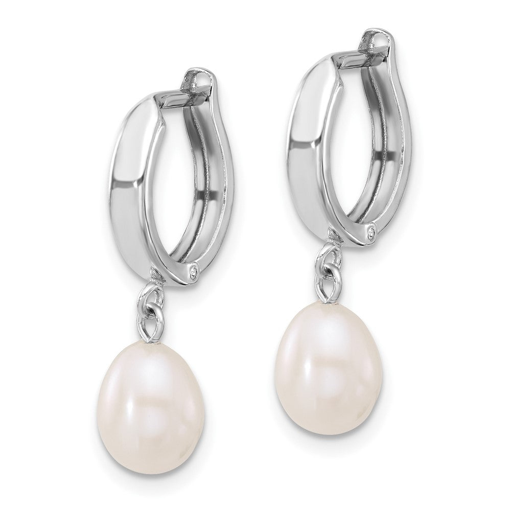 10K White Gold 6-7mm White Teardrop Freshwater Cultured Pearl Hoop Dangle Earrings