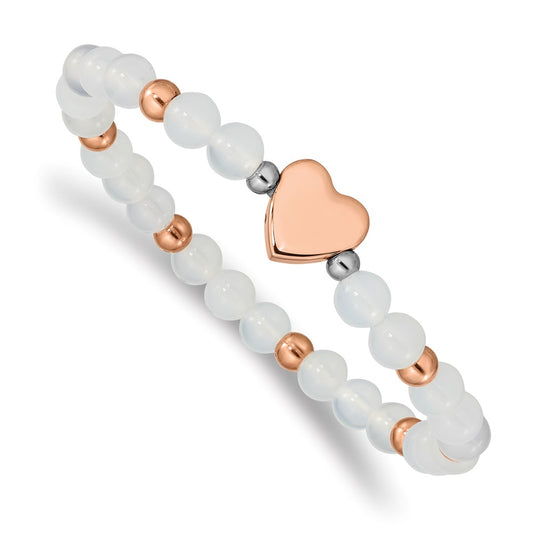 Stainless Steel Polished Rose IP-plated Heart White Agate Stretch Bracelet