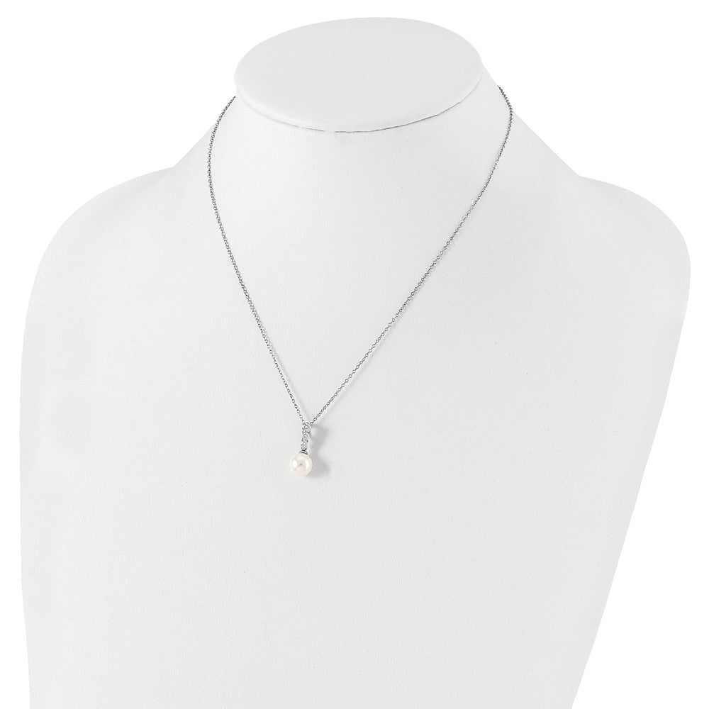 Majestik Sterling Silver Rhodium-plated 8-9mm Imitation Shell Pearl CZ Spring Ring Clasp 17 inch Necklace 17 Inches