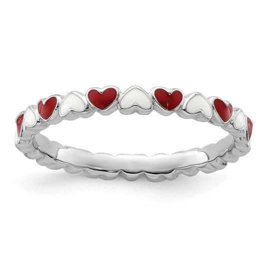 Sterling Silver Stackable Expressions Red & White Enamel Heart Ring Size -7