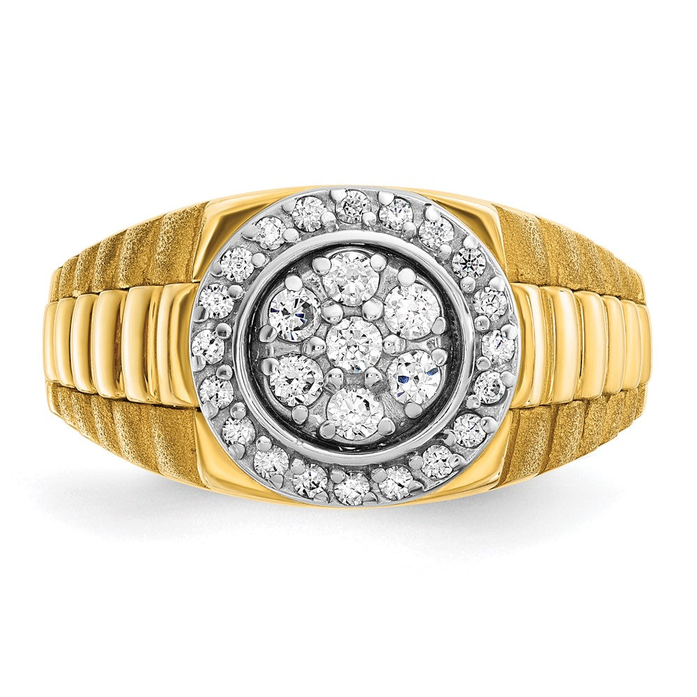 IBGoodman 14k Two-Tone 1/2 carat Lab Grown Diamond VS/SI+ G+ Round Complete Polished Satin and Ribbed Men's Cluster Ring