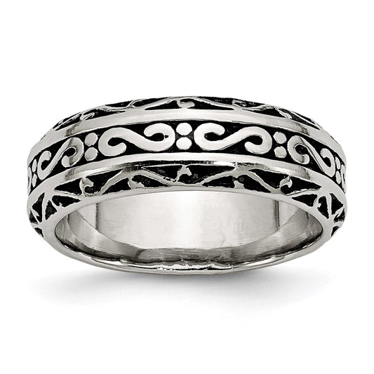 Stainless Steel Antiqued and Polished Swirl Design 7mm Band Size - 8.5