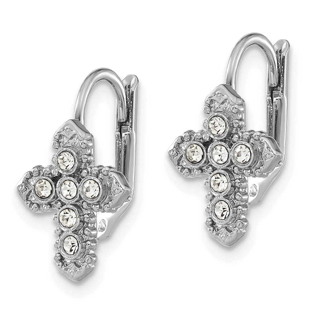 Symbols of Faith Silver-tone Clear Crystal Cross Leverback Earrings