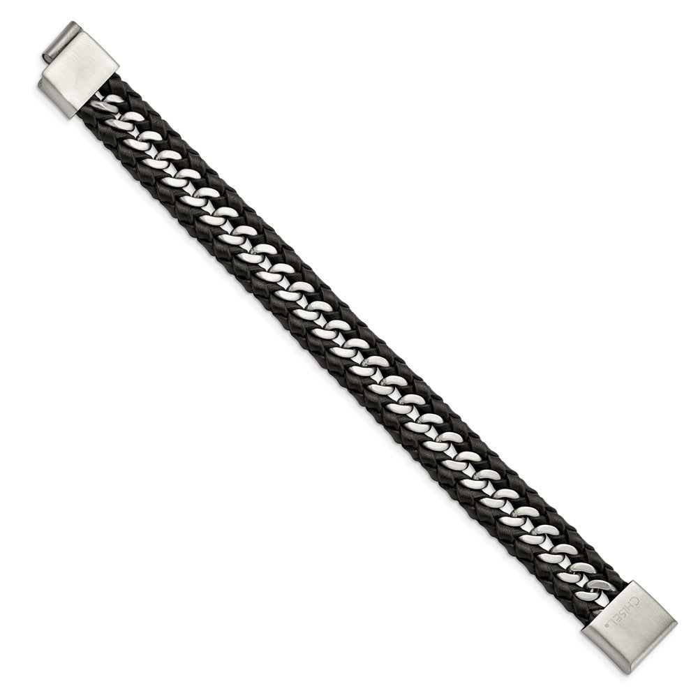 Stainless Steel Brushed Black Leather 8.5in Bracelet 8.5 inches