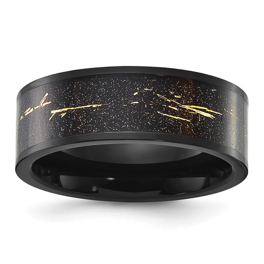 Chisel Titanium Polished Black IP-plated with Black and Gold Foil Inlay 8mm Band Size - 9