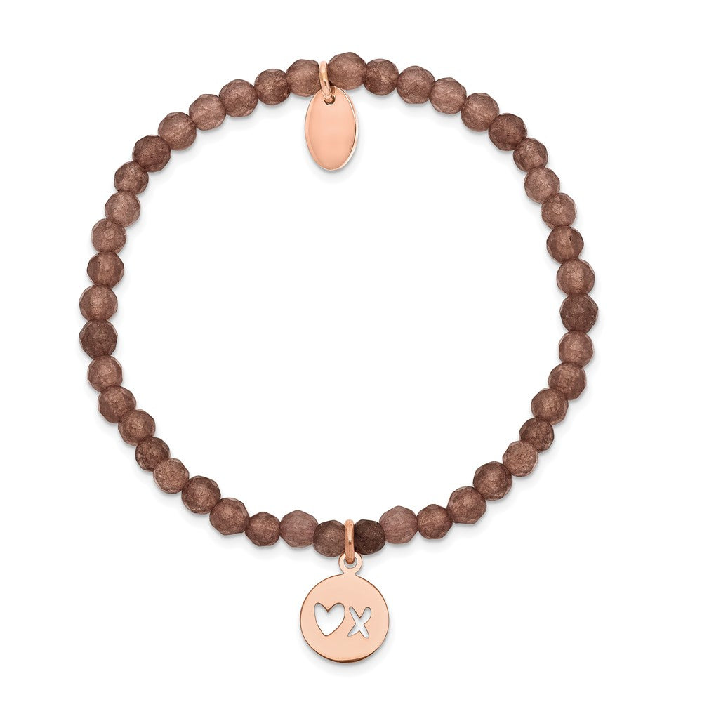 Stainless Steel Polished XO Rose IP-plated Brown Jade Stretch Bracelet 6.5 inches