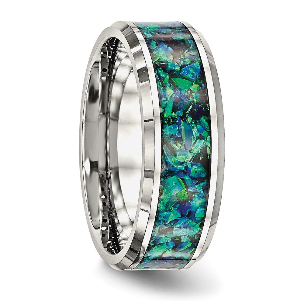 Stainless Steel Polished with Blue Imitation Opal Inlay 8mm Band Size - 7.5