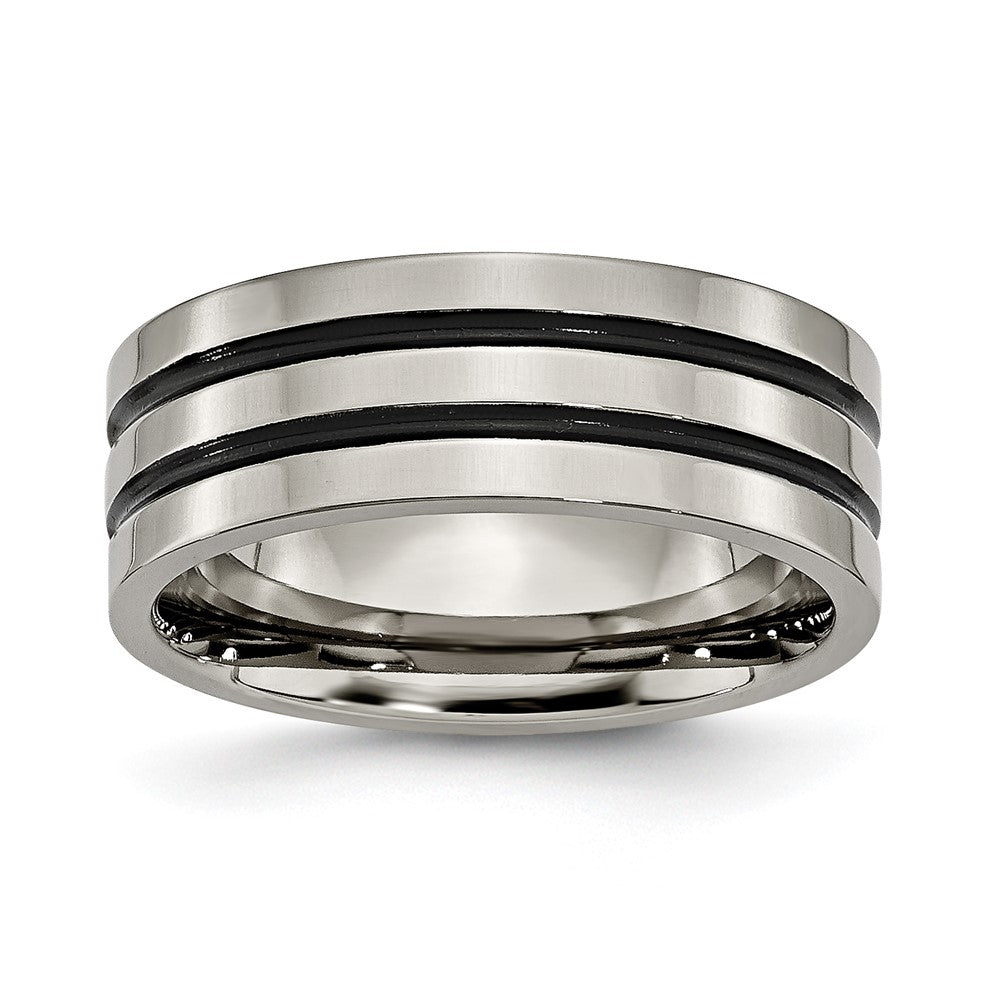 Titanium Polished Black Enamel Grooved 8mm Flat Band Size - 14