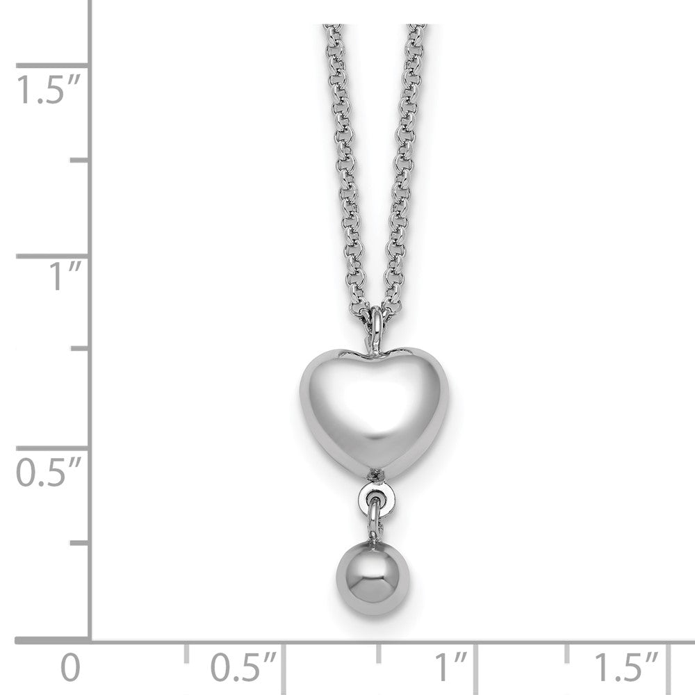 Sterling Silver Rhodium-plated Polished Puffed Heart and Ball Dangle 16 inch with 1 inch Extender Necklace 16 Inches