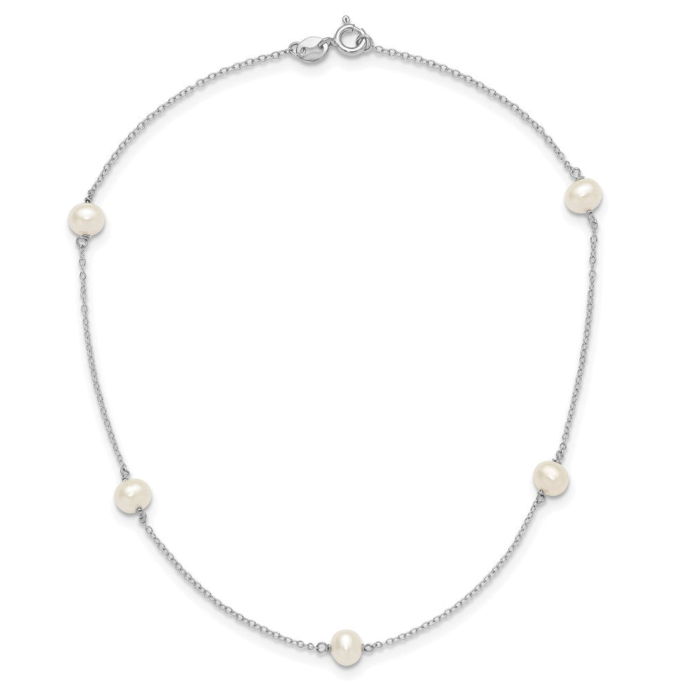 Sterling Silver Rhodium-plated 5-5.5mm White Semi-Round Freshwater Cultured Pearl 5-Station Children's 12 inch Necklace 12 Inches