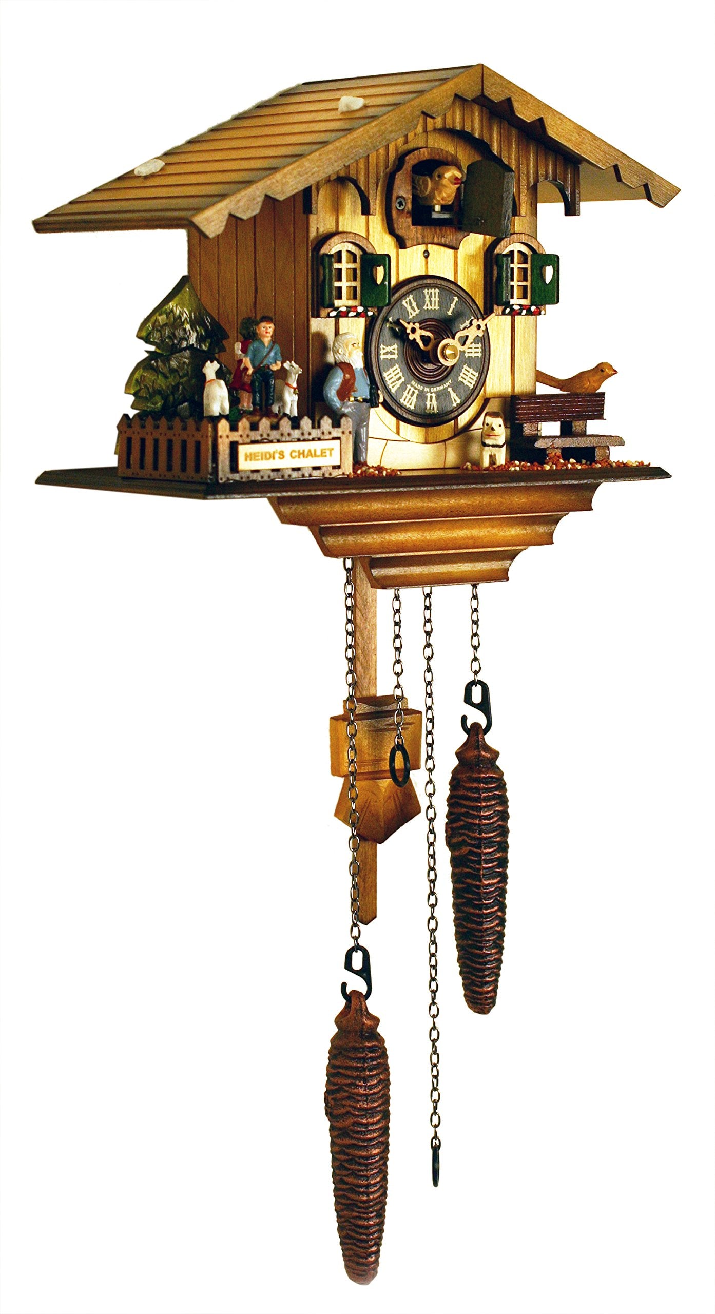 River City Clocks 12 Melody Quartz Cuckoo Clock - Heidi's Chalet with Revolving Figures