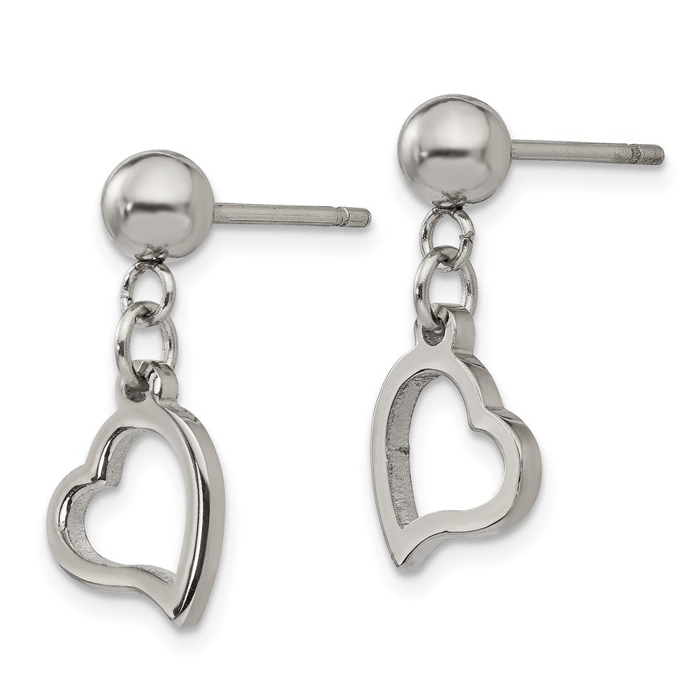 Stainless Steel Polished 5mm Ball Post Heart Dangle Earrings
