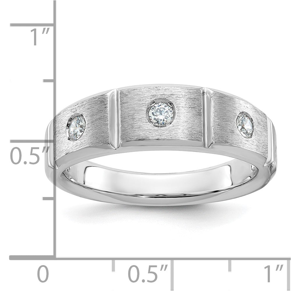 IBGoodman 14k White Gold Men's Polished Satin and Grooved 3-Stone 1/5 Carat AA Quality Diamond Ring