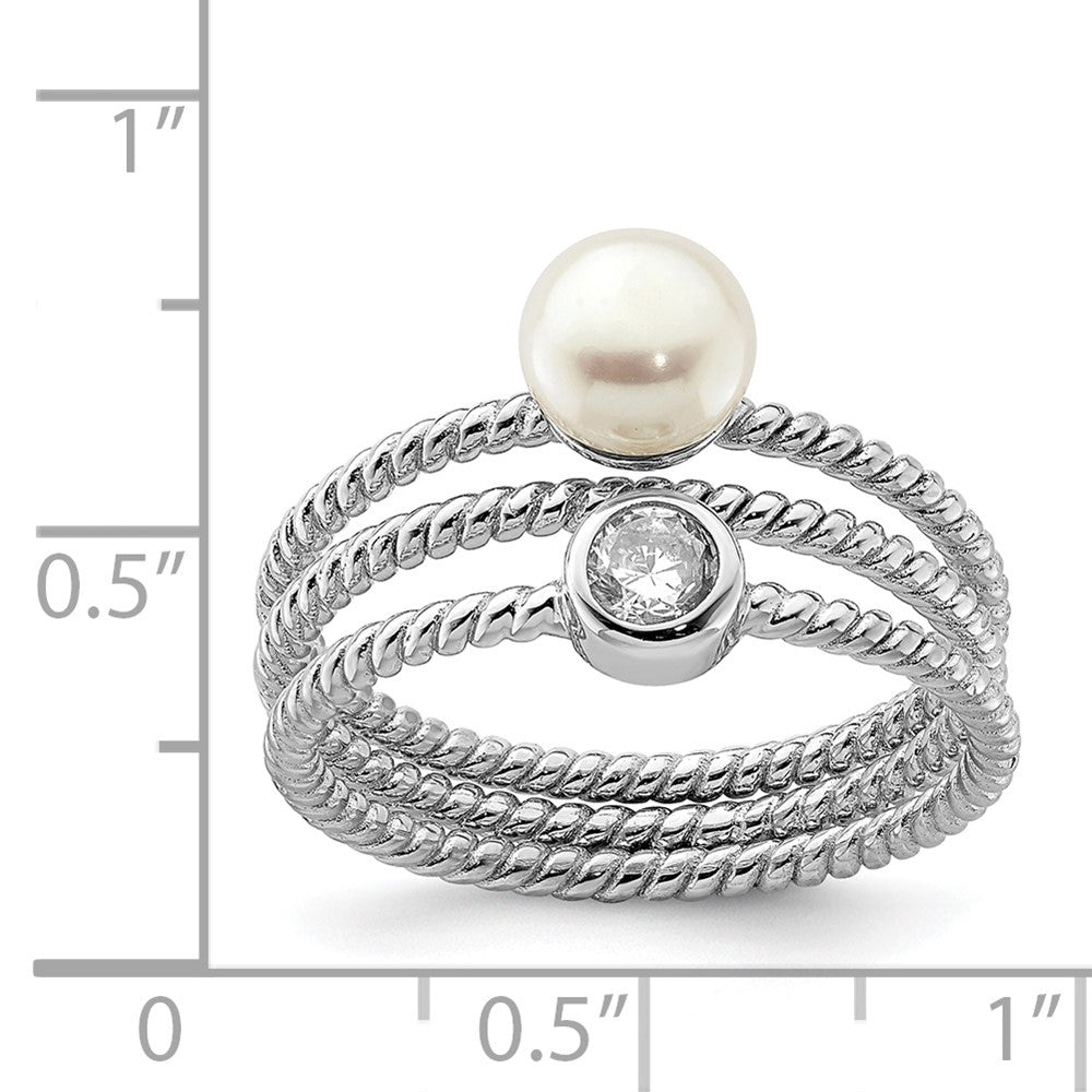 Sterling Silver Rhod-plat 6-7mm White Button FWC Pearl CZ set of 3 Ring