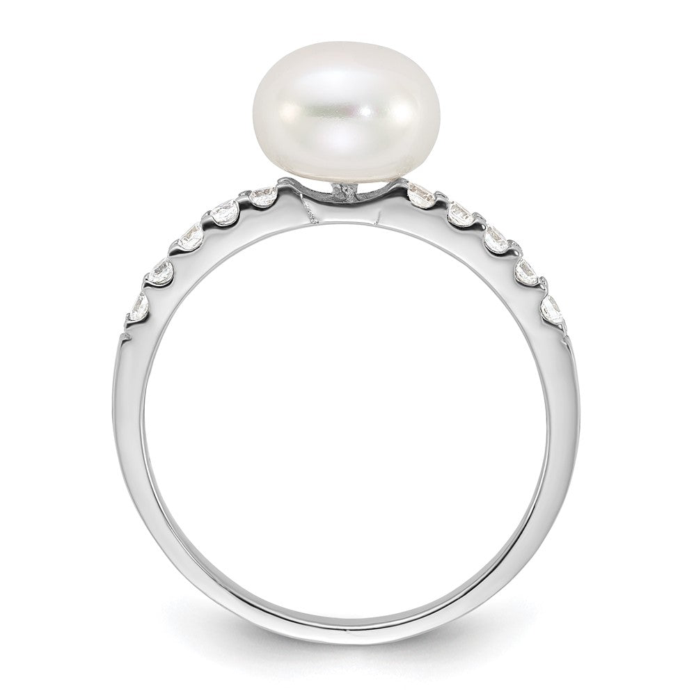 Sterling Silver Rhodium-plated FW Cultured Pearl and CZ Ring