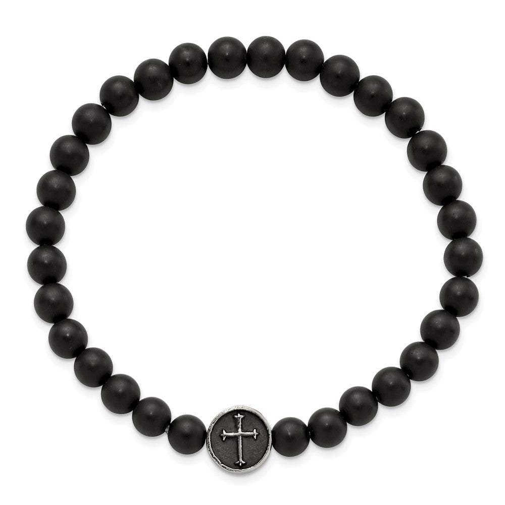 Stainless Steel Antiqued & Polished Black Agate Cross Stretch Bracelet 7 inches