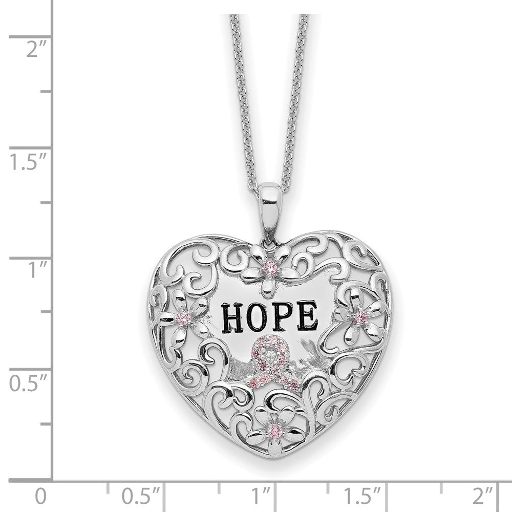 Sentimental Expressions Sterling Silver Rhodium-plated Pink CZ Breast Cancer Heart 18in Necklace 18 Inches