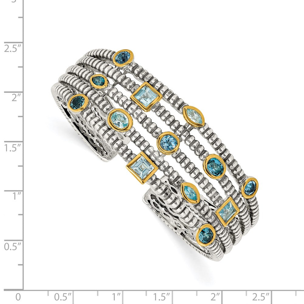 Shey Couture Sterling Silver Gold-tone Flash Gold-plated Antiqued Bezel Sky Blue Swiss and London Blue Topaz Cuff Bracelet 6.75 inches