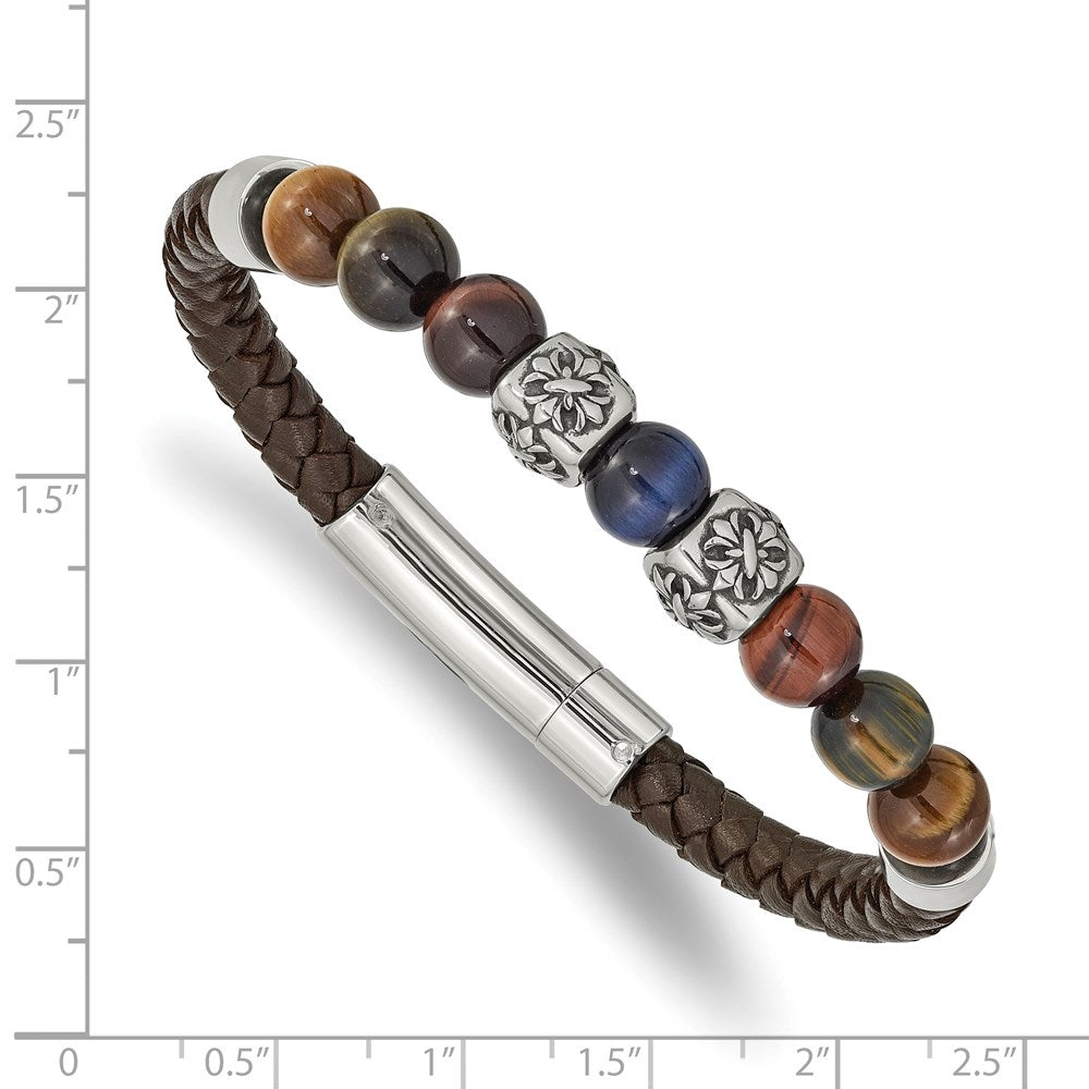 Stainless Steel Antiqued & Polished MultiColor Tiger's Eye Leather Bracelet 8.5 inches