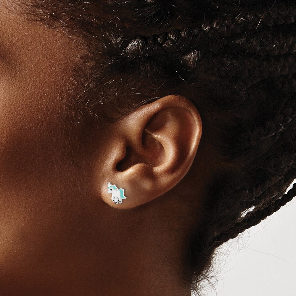 Sterling Silver Rhodium-plated Polished Multi-color Enameled Blue Unicorn Children's Post Earrings