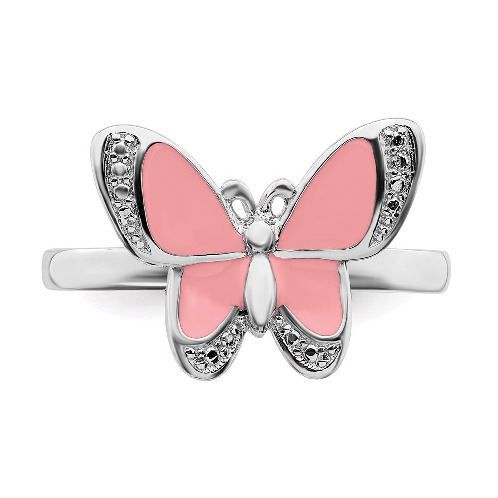 Sterling Silver Stackable Expressions Pink Enamel Butterfly Ring Size -10