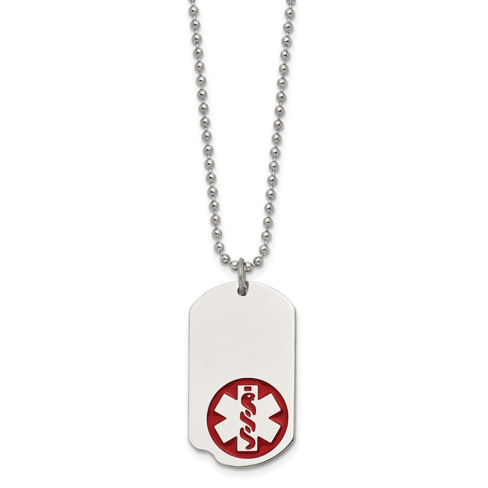 Stainless Steel Polished w/Red Enamel Medical ID 22in Necklace