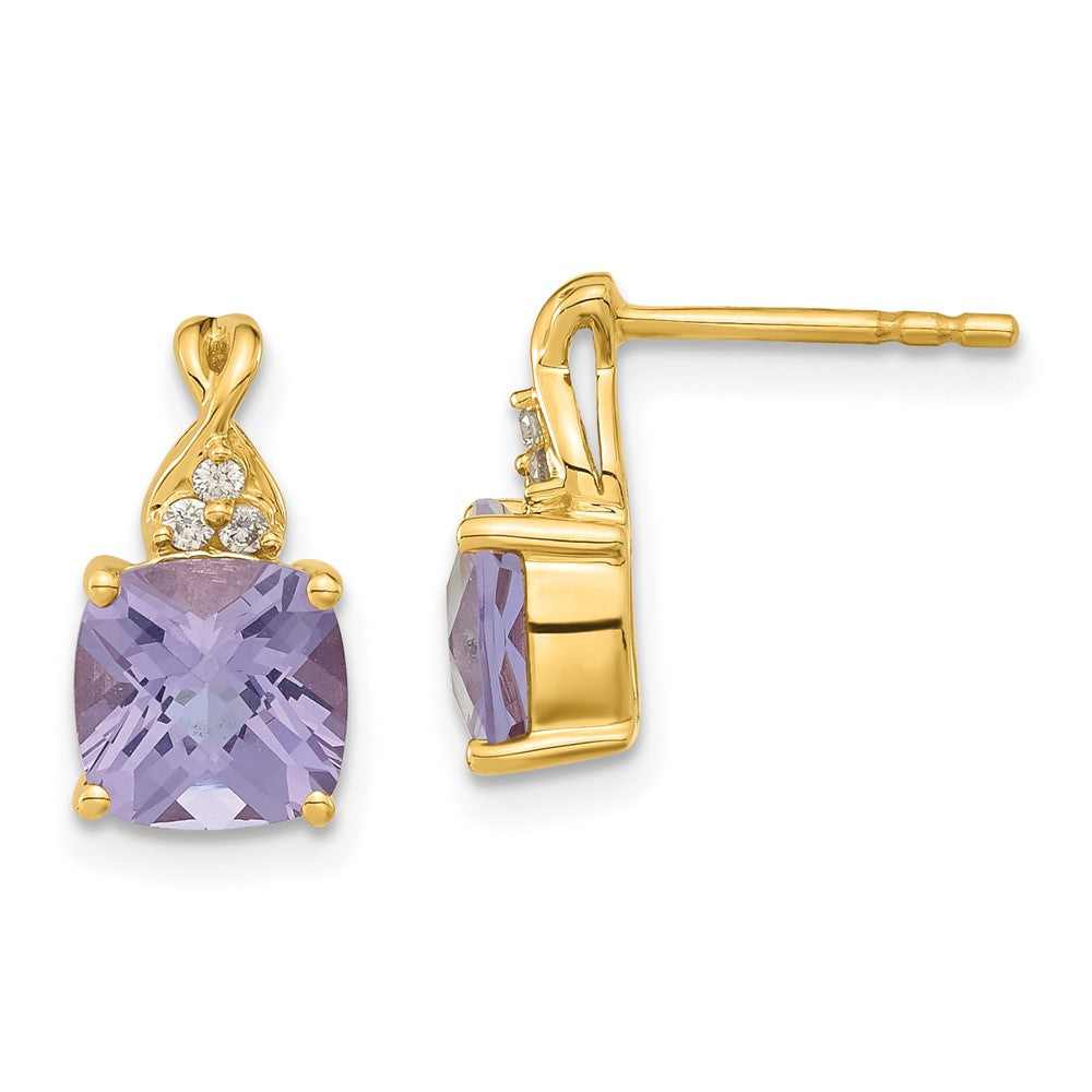 14K Yellow Gold Synthetic Checkerboard Amethyst & Diamond Earrings (February)