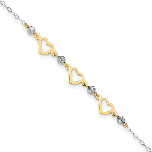 14K Two-tone Oval Link Diamond-cut Beads and Heart 9in Plus 1in Ext Anklet