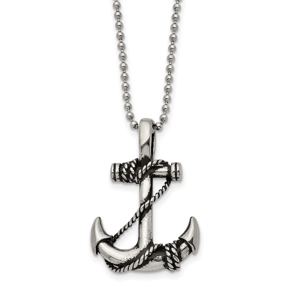 Stainless Steel Antiqued and Polished Anchor 22in Necklace