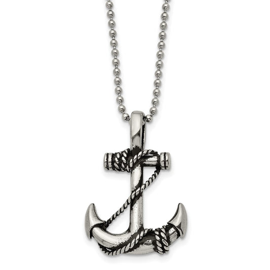 Stainless Steel Antiqued and Polished Anchor 22in Necklace