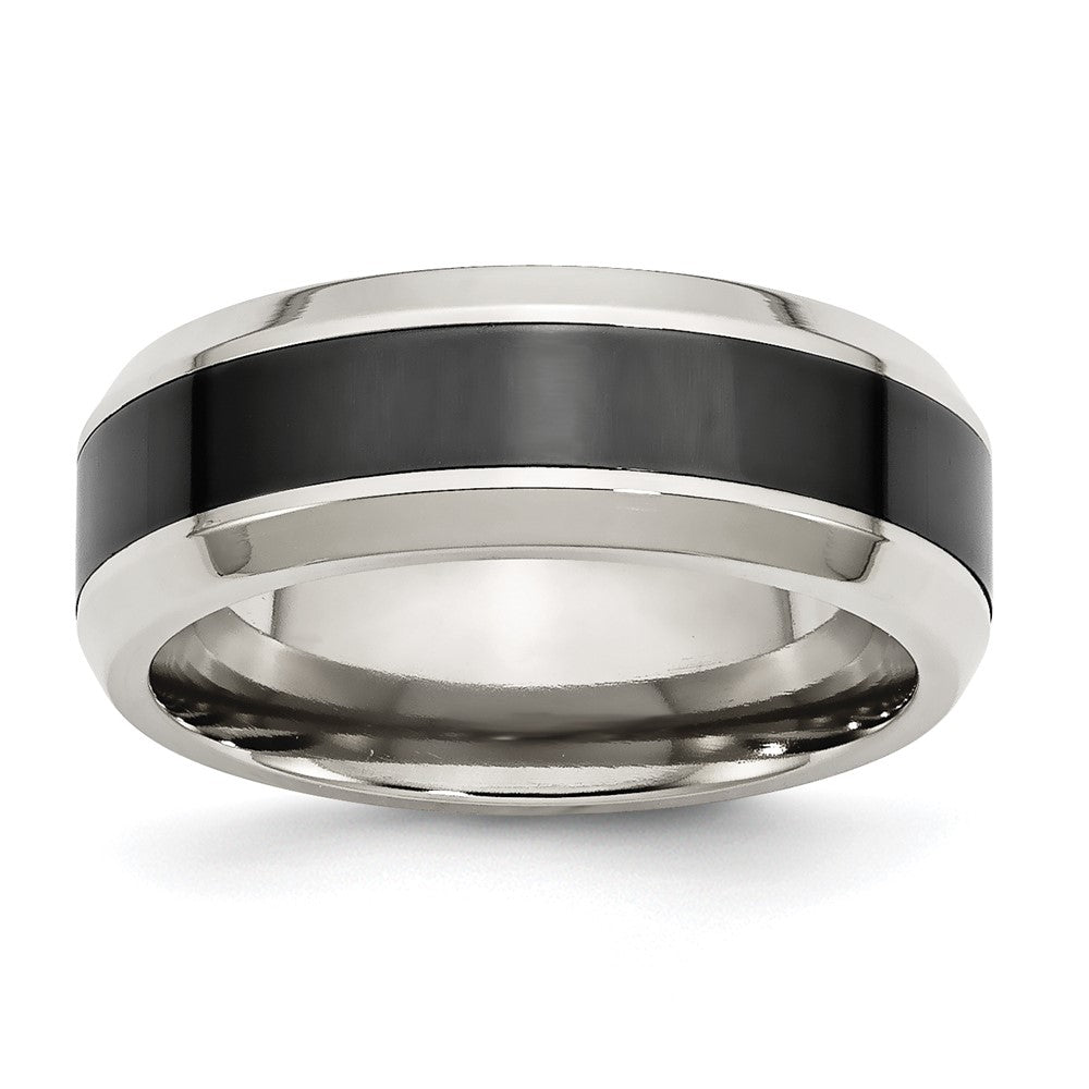 Stainless Steel Base w/Polished Black Ceramic Center Beveled Band Size - 8.5
