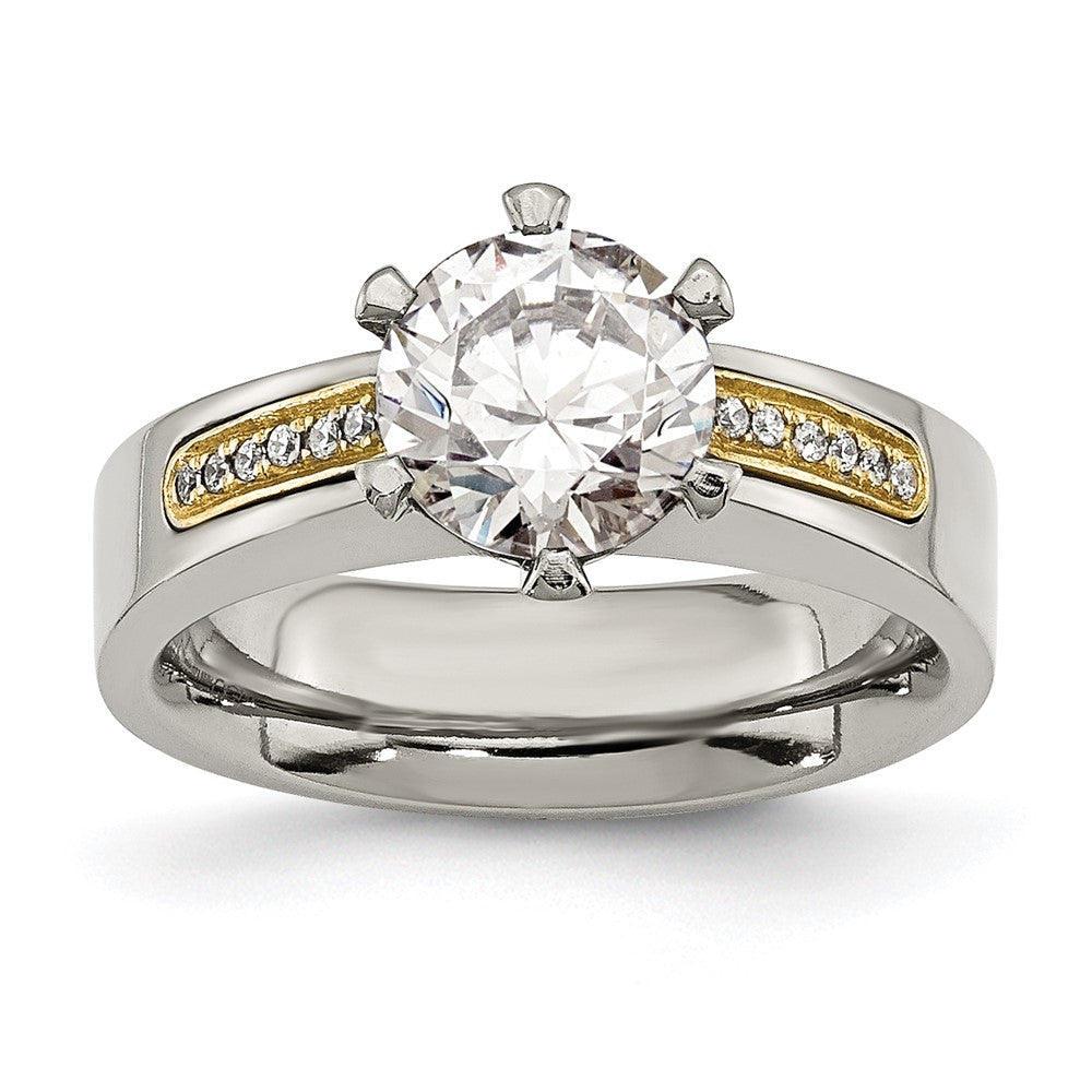 Titanium Polished with 14k Inlay Accent CZ Ring Size - 6