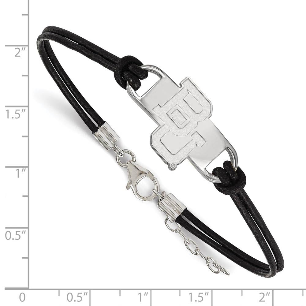 Sterling Silver Rhodium-plated LogoArt Baylor University Small Center Leather Bracelet