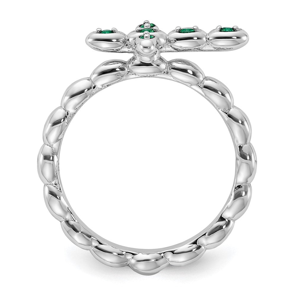 Sterling Silver Stackable Expressions Rhodium-plated Created Emerald Cross Ring Size -5
