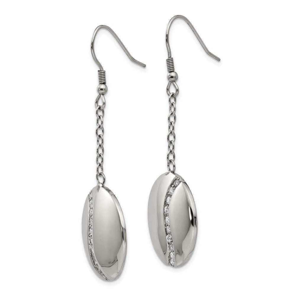 Stainless Steel Polished w/ CZ Dangle Shepherd Hook Earrings