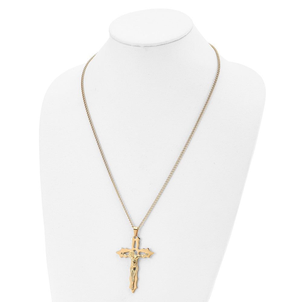 Stainless Steel Polished Yellow IP-plated Cutout Crucifix 24in Necklace