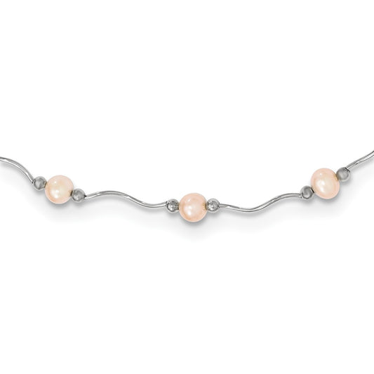 Sterling Silver Rhodium-plated 6-7mm Pink Near-Round Freshwater Cultured Pearl 18-Station 18 inch Necklace 18 Inches