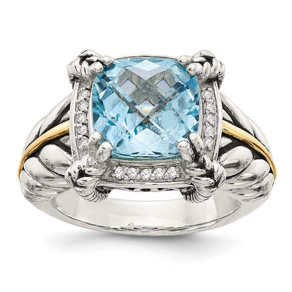 Shey Couture Sterling Silver with 14K Accent Antiqued Checkerboard Cushion Sky Blue Topaz and Diamond Ring