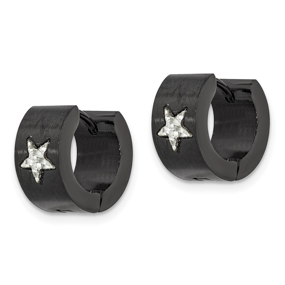 Stainless Steel Brushed Black IP CarbonFiber Star Hinged Hoop Earrings