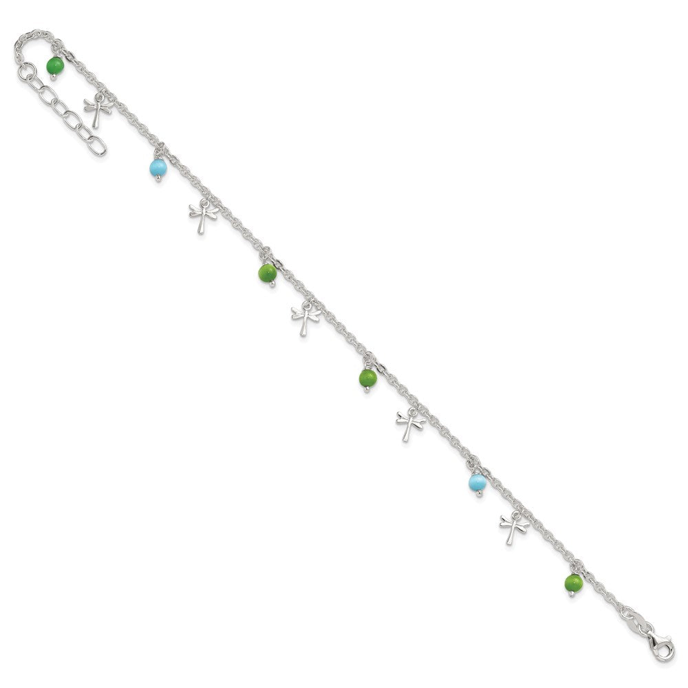 Sterling Silver Dragonfly with Aqua Green Beads with 1ext Anklet 10 inches