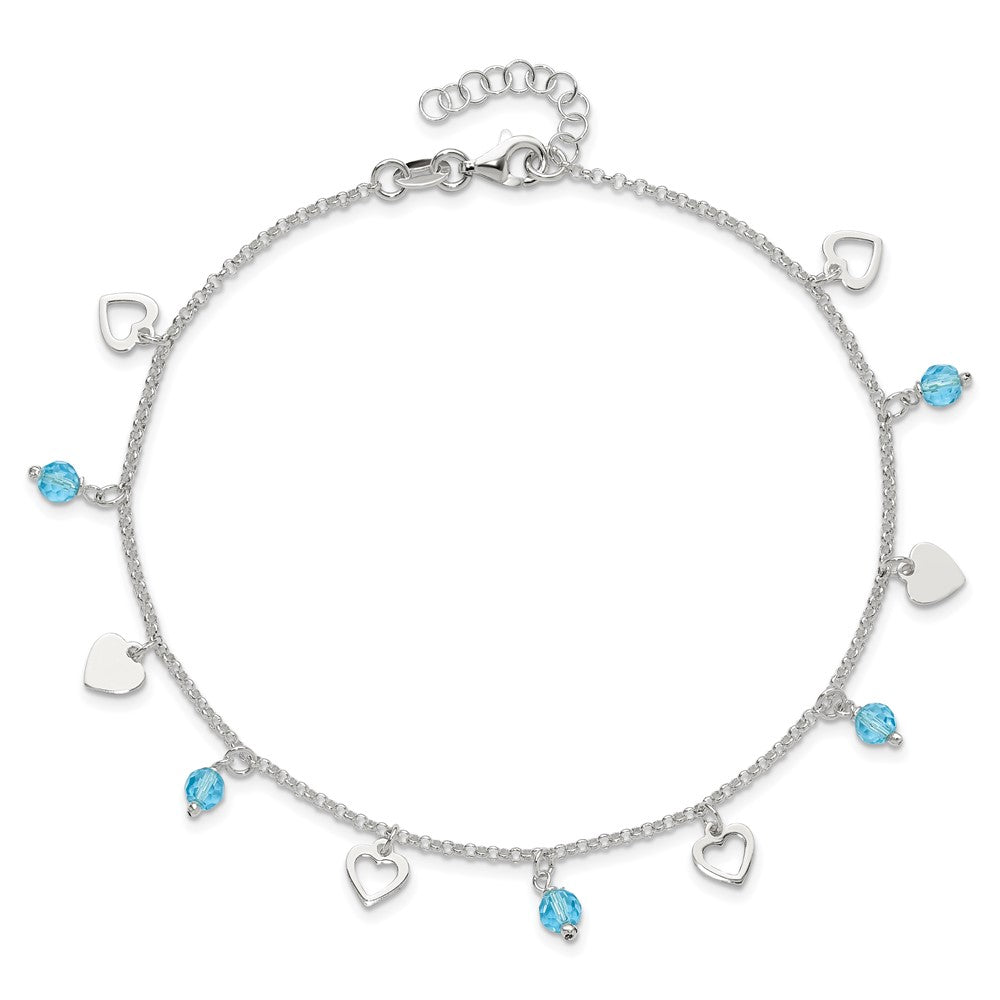 Sterling Silver 9 inch Heart and Blue Glass Plus1in ext. Anklet 9 inches
