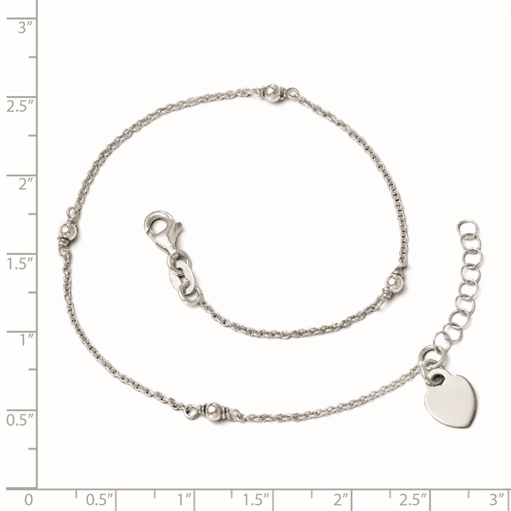 Sterling Silver RH-plated Heart Charm 9in Plus w/1in ext. Anklet