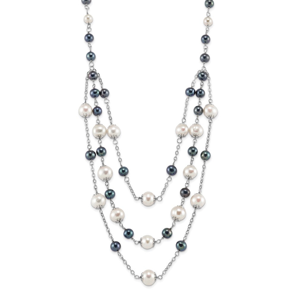 Sterling Silver Rhodium-plated 6-10mm White and Black Freshwater Cultured Pearl Layered 17 inch with 2 inch Extension Necklace 17 Inches