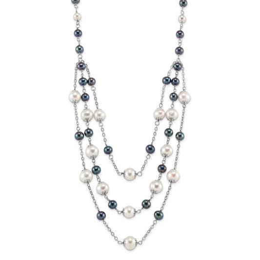 Sterling Silver Rhodium-plated 6-10mm White and Black Freshwater Cultured Pearl Layered 17 inch with 2 inch Extension Necklace 17 Inches