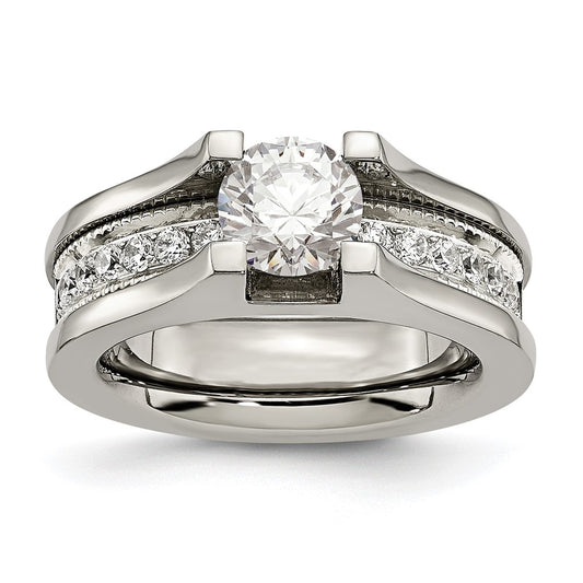 Titanium w/Sterling Silver Accent Polished with CZ Ring Size - 6