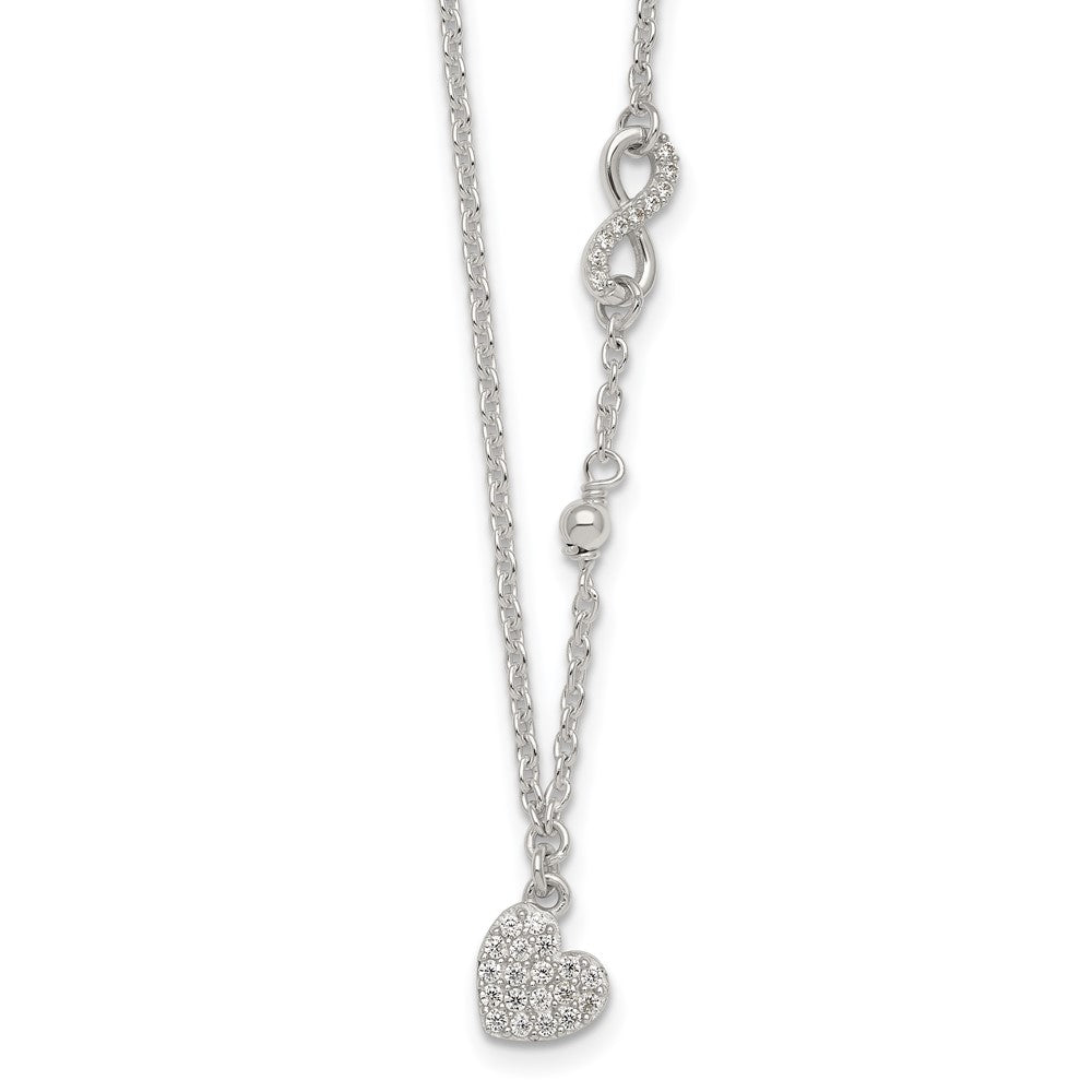 Sterling Silver CZ Infinity and Heart w/ 2in Ext Necklace 16 Inches