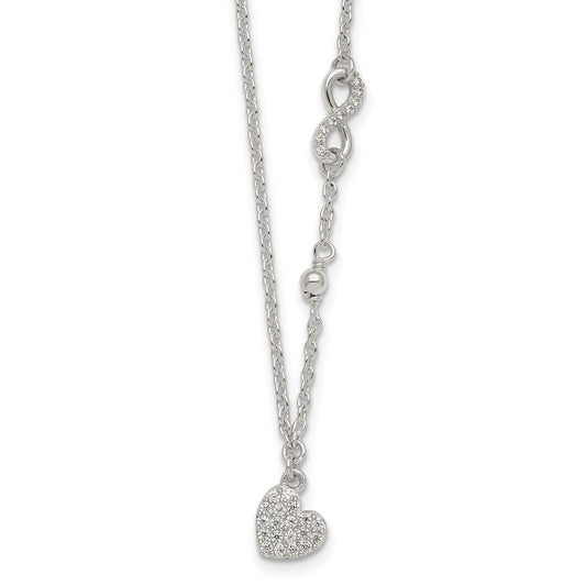 Sterling Silver CZ Infinity and Heart w/ 2in Ext Necklace 16 Inches
