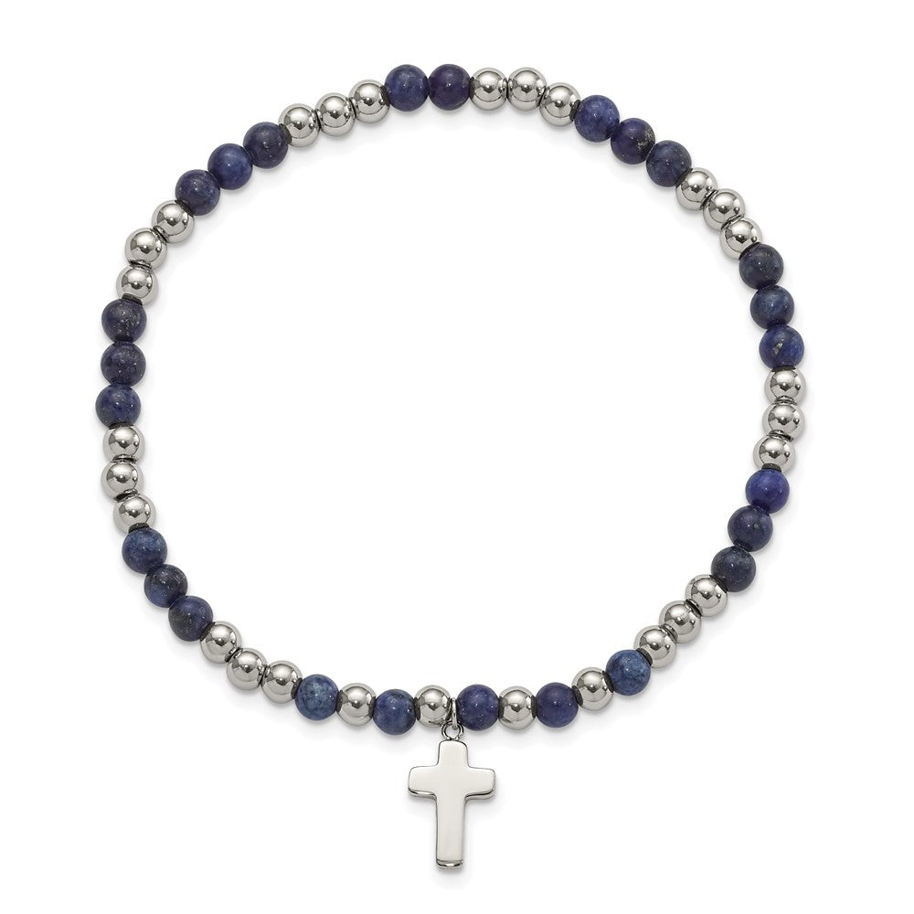 Stainless Steel Polished Lapis Beaded Cross Stretch Bracelet 7 inches